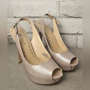 Enzo Angiolini Champagne Leather Slingback Heels Peep Toe Platform 7.5